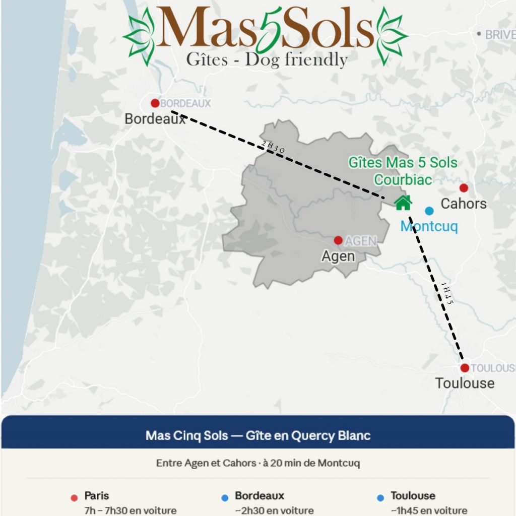 Carte de situation du Mas cinq Sols à Courbiac (47), entre Bordeaux, Toulouse, Cahors et Agen